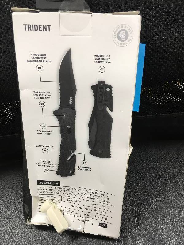 lot 4 image: Snafu Survival Knife - SOG Knives Trident - Partially Serrated Black TiNi - TFI-CP, opened never used