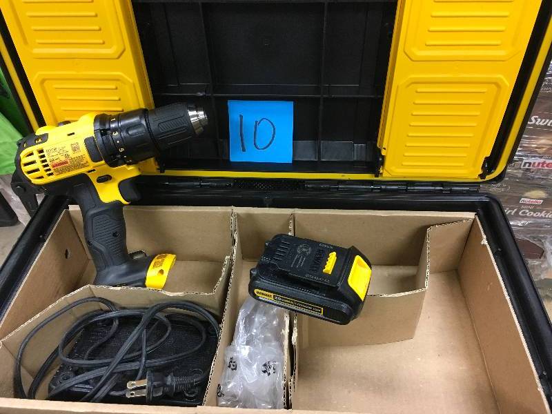 lot 10 image: DeWalt 20-Volt MAX Lithium-ion Cordless Compact DrillDriver with 1 Battery 1.5Ah, Charger and ToughSystem Tool Box. in like New conditions
