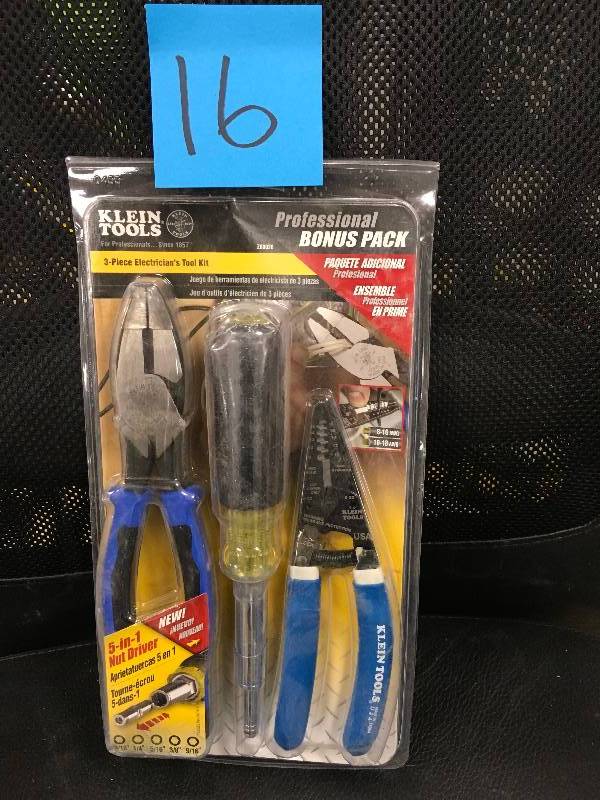 lot 16 image: Klein Tools 3-piece Electricians Tool Kit. New Never Opened