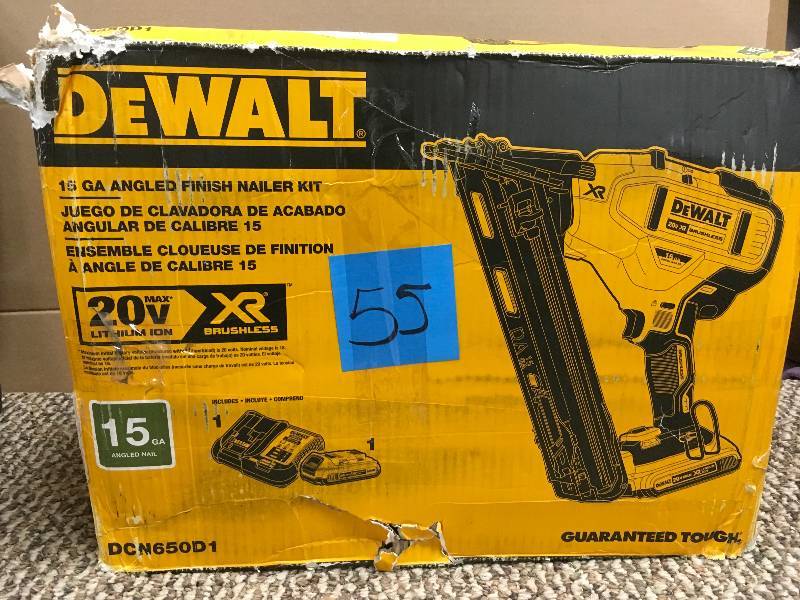 lot 55 image: DeWalt 15 GA Angled Finish Nailer Kit.