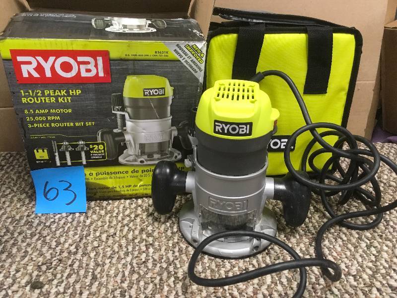 lot 63 image: Ryobi- 1-12 Peak HP, Router Kit, 8.5 AMP Motor, 25,000 RPM, 3-Piece Router Bit Set, Lightly Used
