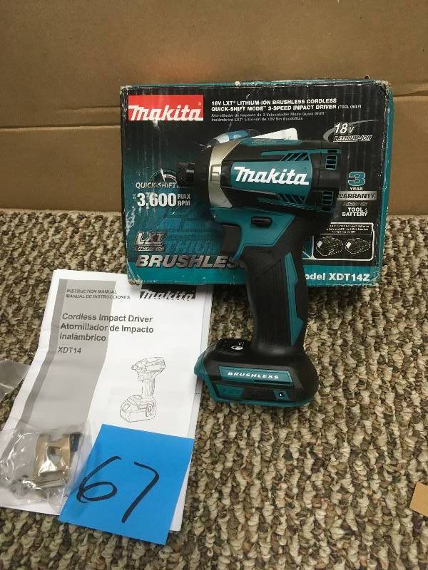 lot 67 image: Makita - 14 in Cordless Impact Driver. Tool only NO Battery