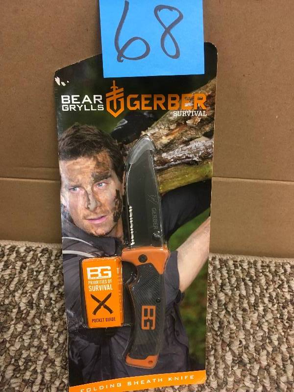 lot 68 image: Bear Grylls Gerber Folding Sheath Knife. Open box never used