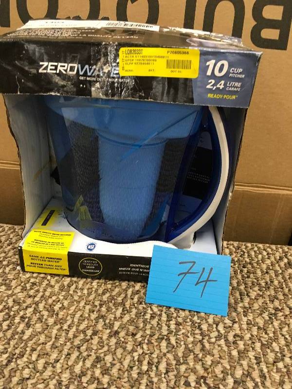 lot 74 image: D08311624 Zerowater 10 Cup Filtration Pitcher Clean Water Pitcher Kitchen Water.  Damage Box