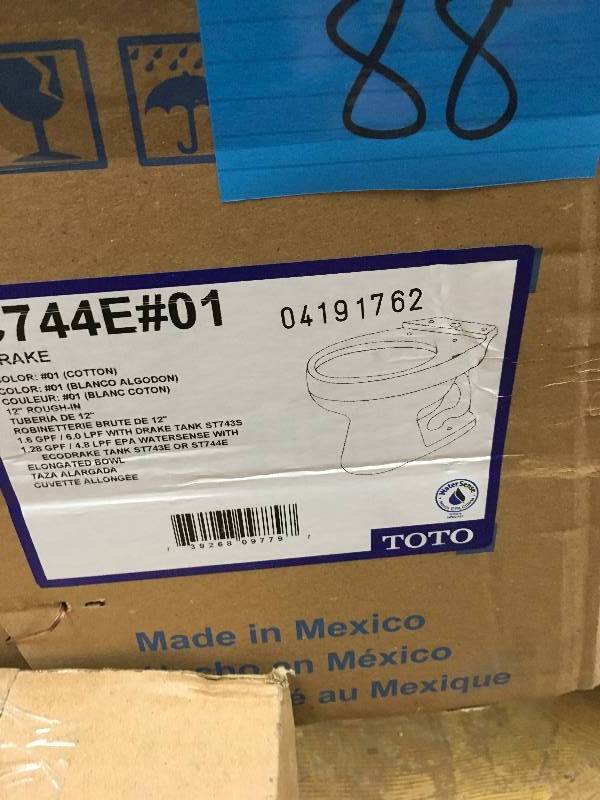 lot 88 image: Toto Drake Elongated Cotton White ECO 1.28-GPF Toilet Bowl. New Open Box