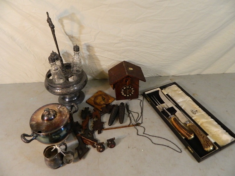 lot 34 image: Old Wood Cuckoo Clock, Carving Set, More
