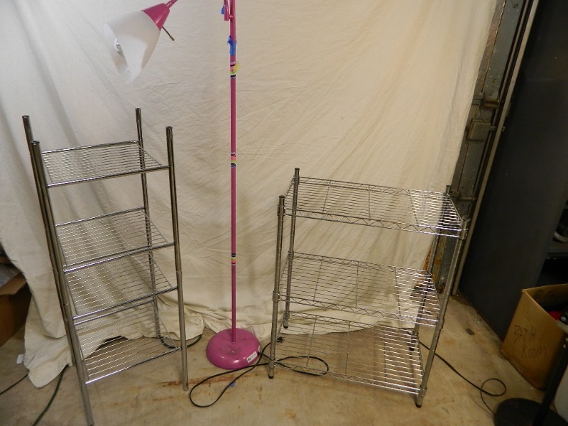 lot 160 image: 2 Metal Shelves and Lamp