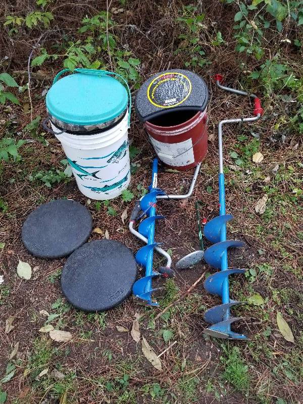 lot 36 image: Lot - Ice Auger & Seat Buckets