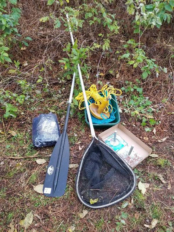 lot 37 image: Lot - Fishing Net, Boat Anchor, Minnow Seine Net, Boat Seat Bases
