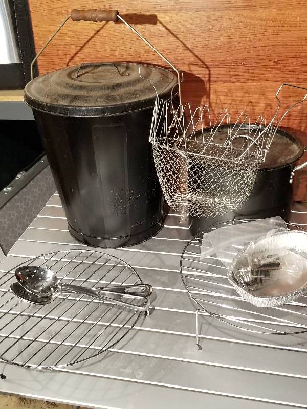lot 64 image: Camping Supplies - Ash Bucket (New), Stockpot, Misc Utensils, Etc