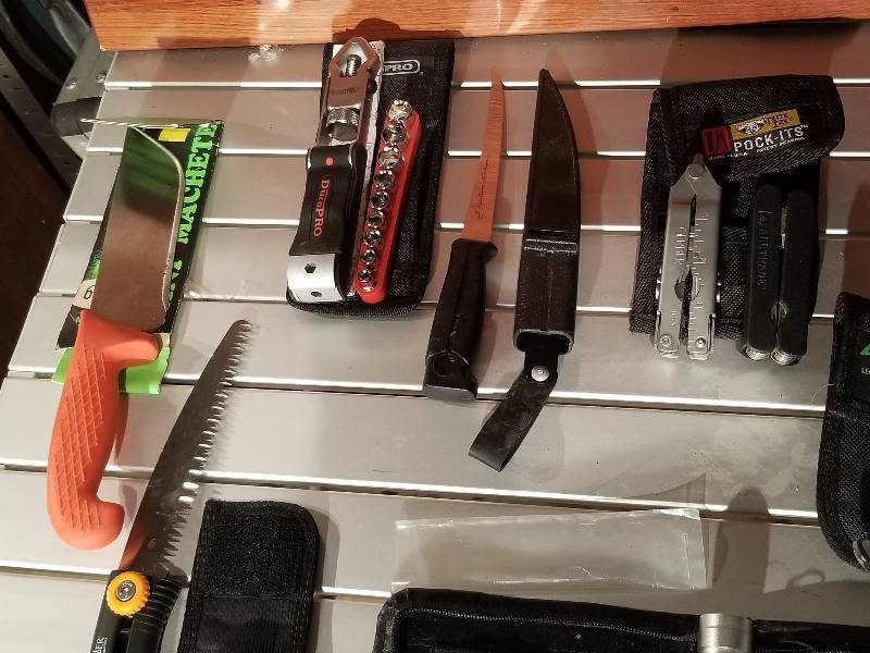 lot 72 image: Camping Survival Knives & Tools - Mini Machete, Gator Gerber, Pockits, DuraPro Tool, Stainless Misc Tools