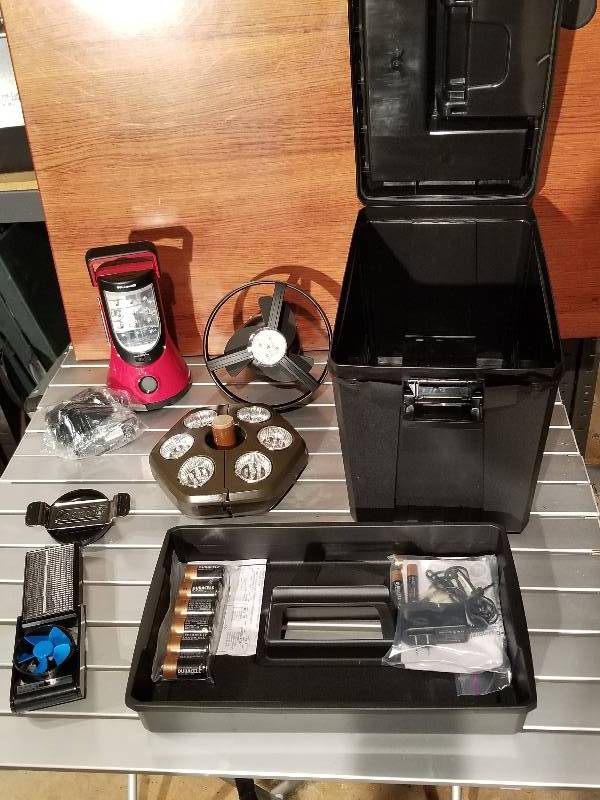 lot 77 image: Camping Supplies - LED Umbrella Light, Coleman Fan with LED Lights, WeatherX Weather Band Radio wLED