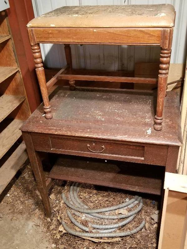lot 98 image: Lot - Library Table wDrawer, Piano Bench - Great refurbish projects