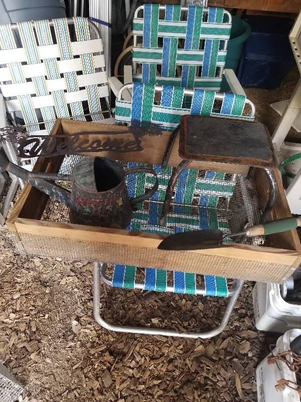 lot 206 image: Lot - Sifter, Vintage Metal Stool, Water Can, Chairs
