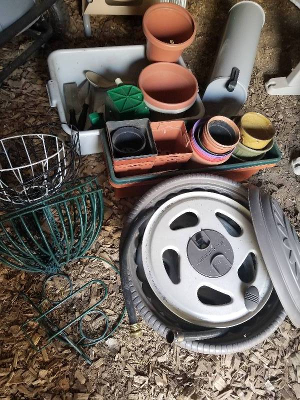 lot 207 image: Lot - Decorative Hose Reel, Planters, Mailbox