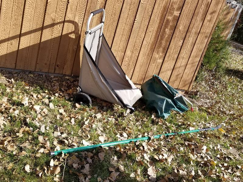 lot 246 image: Lot - Folding Rolling Garden Cart, Bagger, Long Handled Pruner