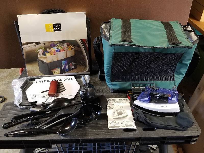 lot 349 image: Lot - Cooltech Cooler, Case Logic Bag Holder, Travel Iron, Cast Iron Griddle, Etc