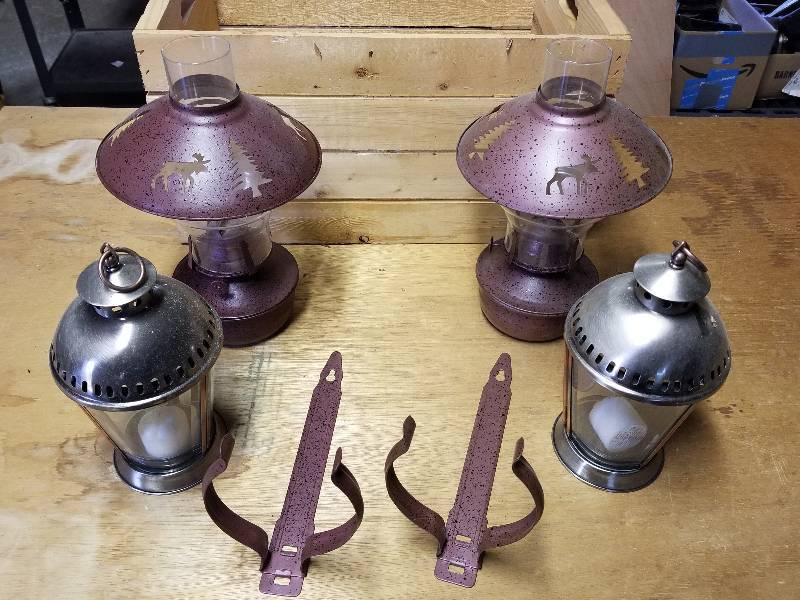 lot 350 image: Wood Crate with Moose Themed Lanterns, etc