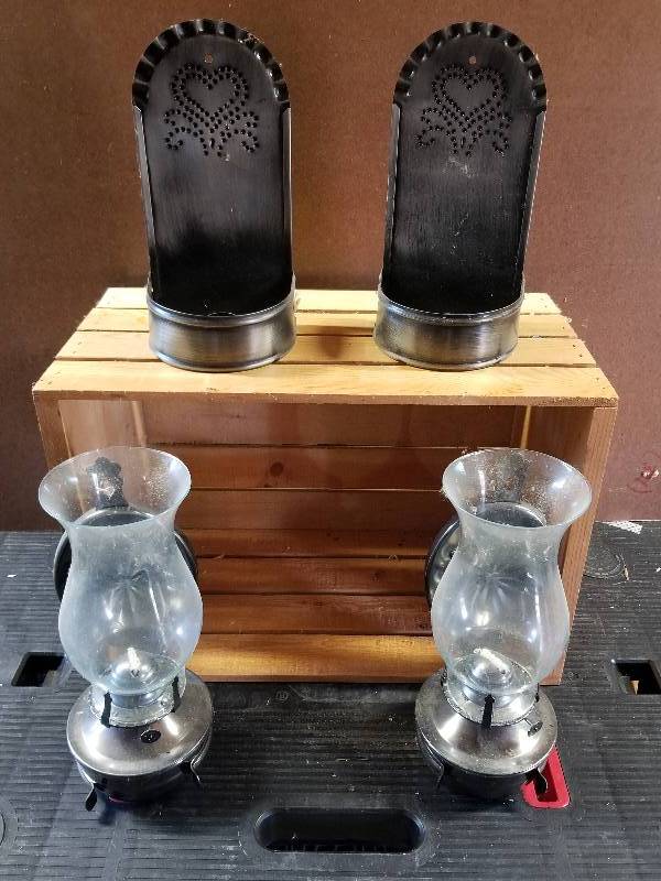 lot 351 image: Wood Crate witnh Wall Oil Lamps