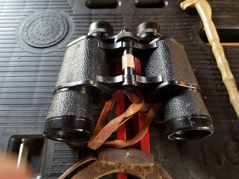 lot 405 image: Lot - Wood Framed HorseIndian Light, Adams 7x35 Binoculars, Horseshoes, etc