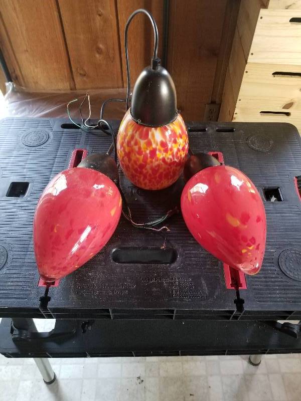 lot 408 image: Set (3) Vintage Look Glass RedOrange Hanging Light Set, New