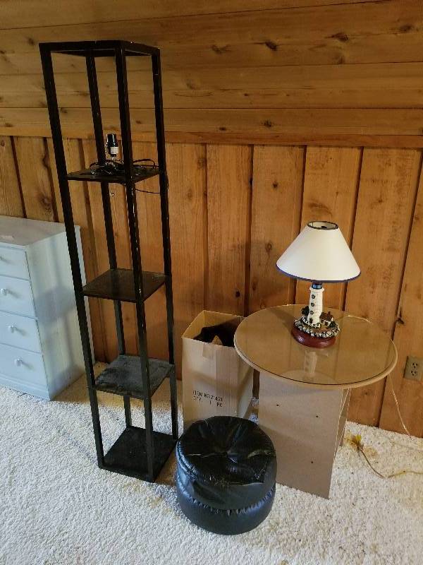 lot 425 image: Lot - Black Shelf Light, Foot Stool, Side Table Lighthouse Lamp, Etc