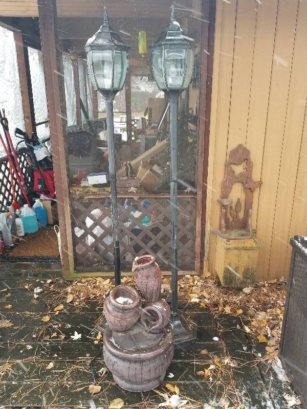 lot 451 image: Pair Electric Patio Lamp Posts and Fountain