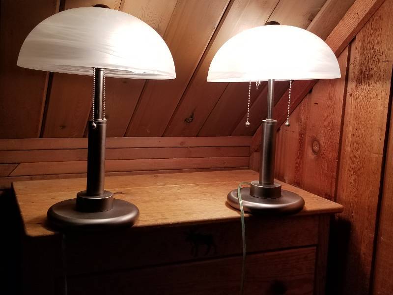 lot 457 image: Pair - Table Lamps, White Marble Look Shades, 19h