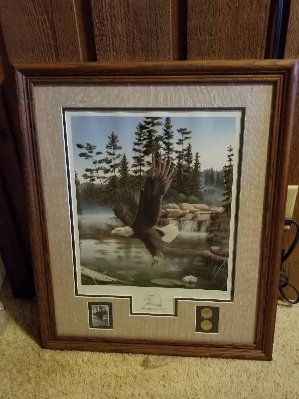 lot 466 image: Signed & Collector Edition, Leo Stans 1990 Boundry Waters - Eagle with Stamps and Coins, 25x21