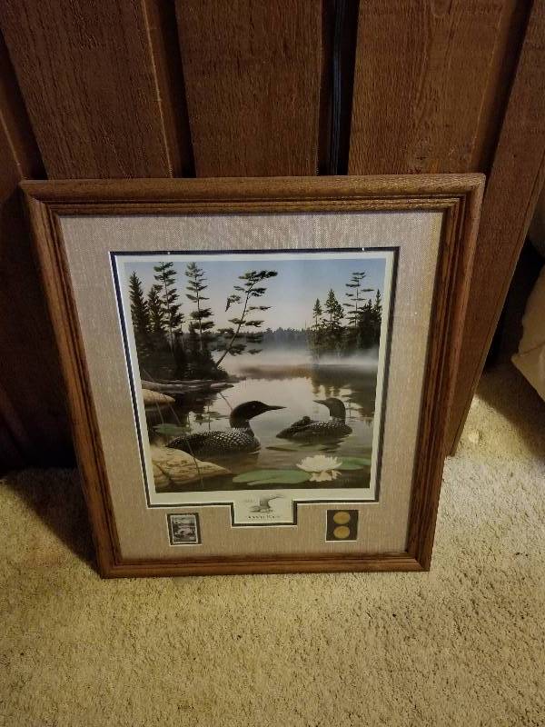 lot 467 image: Signed & Collector Edition, Leo Stans 1990 Boundry Waters - Loons with Stamps and Coins, 25x22