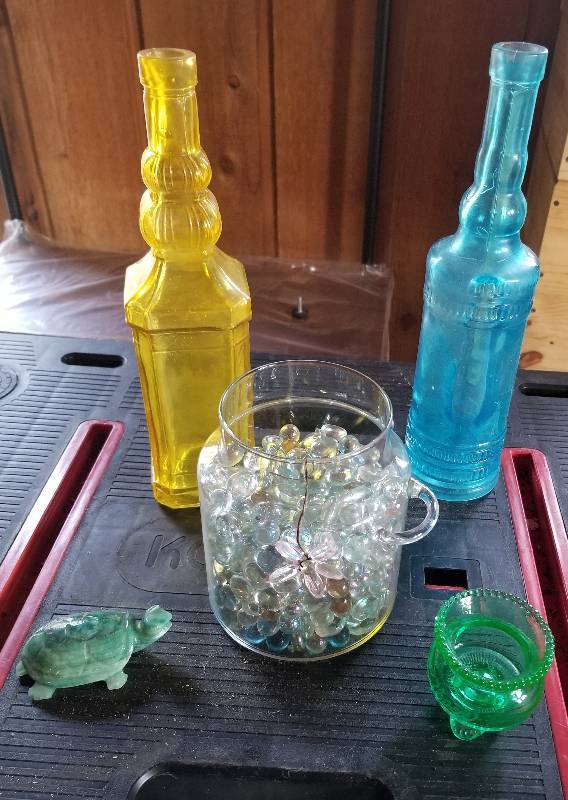 lot 414 image: Lot- Colored Glass Bottles, 1927 Green Glass, Jade Turtle, Etc