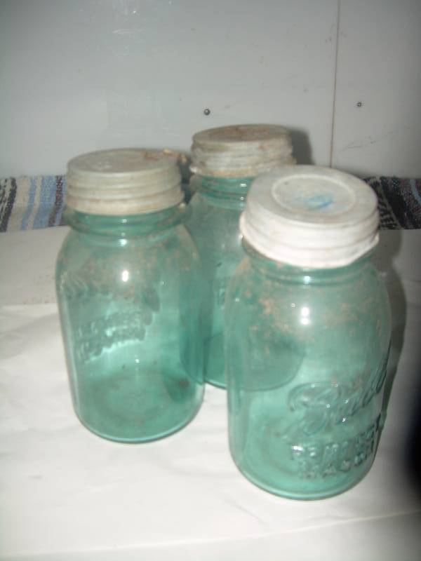 3 VINTAGE GREEN BALL JARS