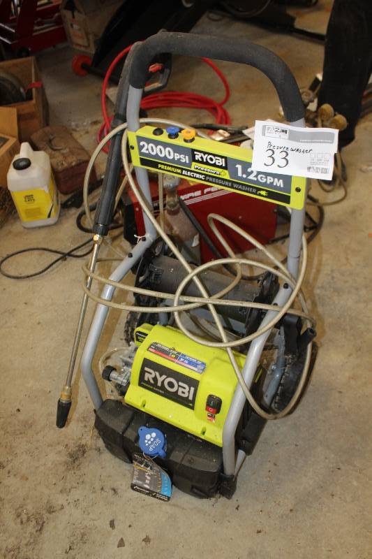 lot 33 image: Ryobi Premium Electric 2000 psi 1.2 gpm Pressure Washer w Accessories