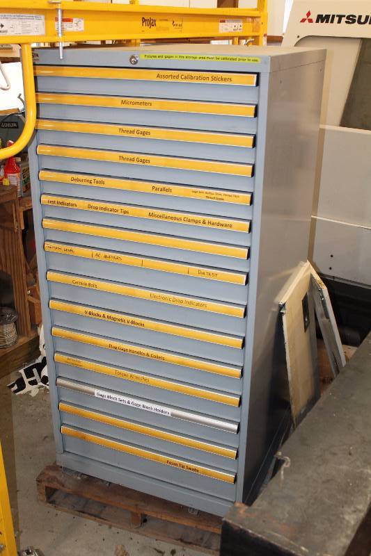 lot 52 image: 15-Drawer Metal Locking CNC Parts Cabinet w Drawer Labels, CNC Parts