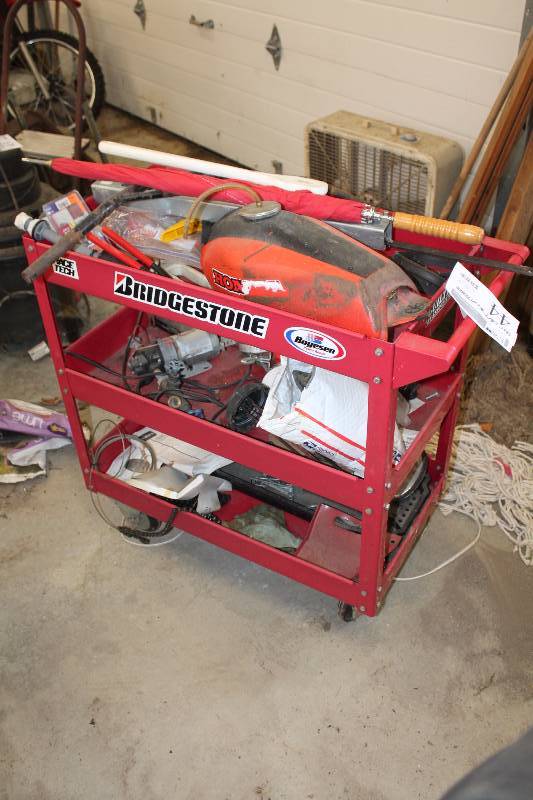 lot 44 image: 3-Shelf Rolling Metal Shop Cart w Contents Including Motorcycle Parts, Hand Tools, Umbrella