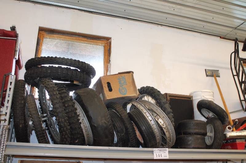 lot 144 image: Shelf Lot of Motorcycle and Cart Wheels and Tires