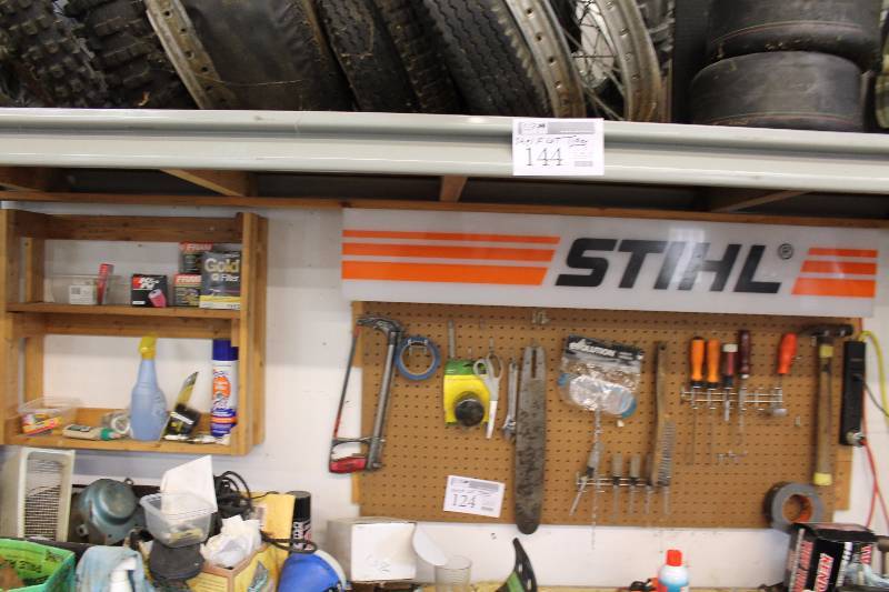 lot 124 image: Hand Tools Includes Screwdrivers, Saws, Wrenches, Hammer, Engine Parts & Cleaner