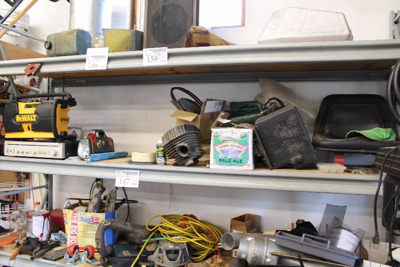 lot 147 image: Misc - Lawn Mower Parts, Lawn Mower Seat, Dewalt Portable Music Player, Stereo Receiver, FlashlightRadioEmergency Beacon, Flourescent Light, And More