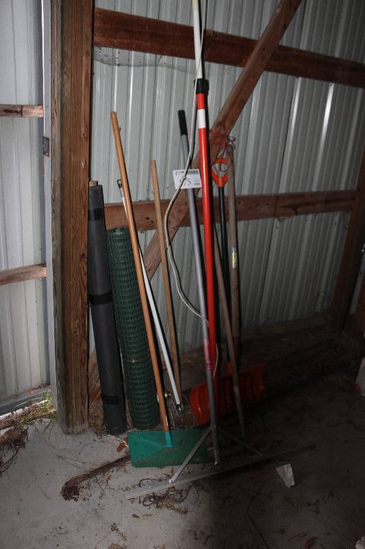 lot 175 image: Yard Tools - Rakes, Pitch Fork, Shovel, Hoe, Sickle