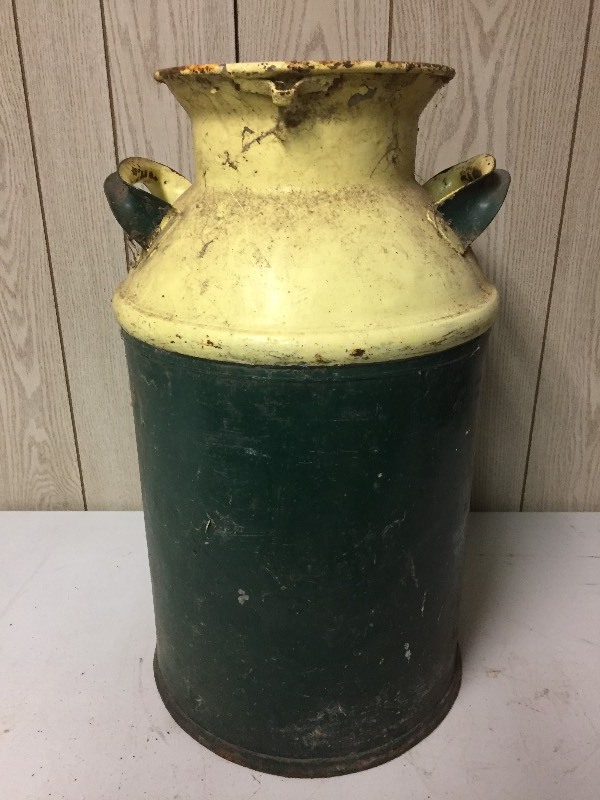 lot 27 image: Milk Can - painted Green & Yellow