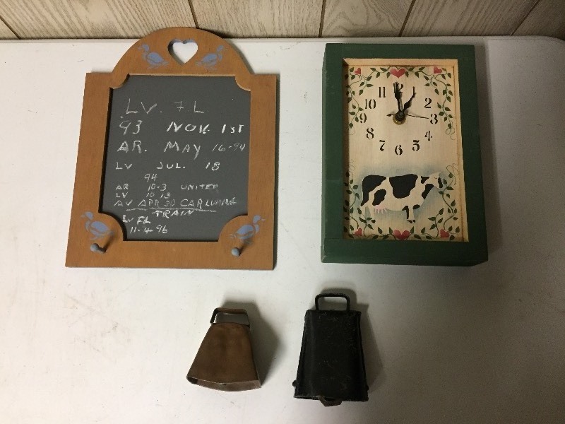 lot 76 image: Clock, Chalkboard, Cow Bells
