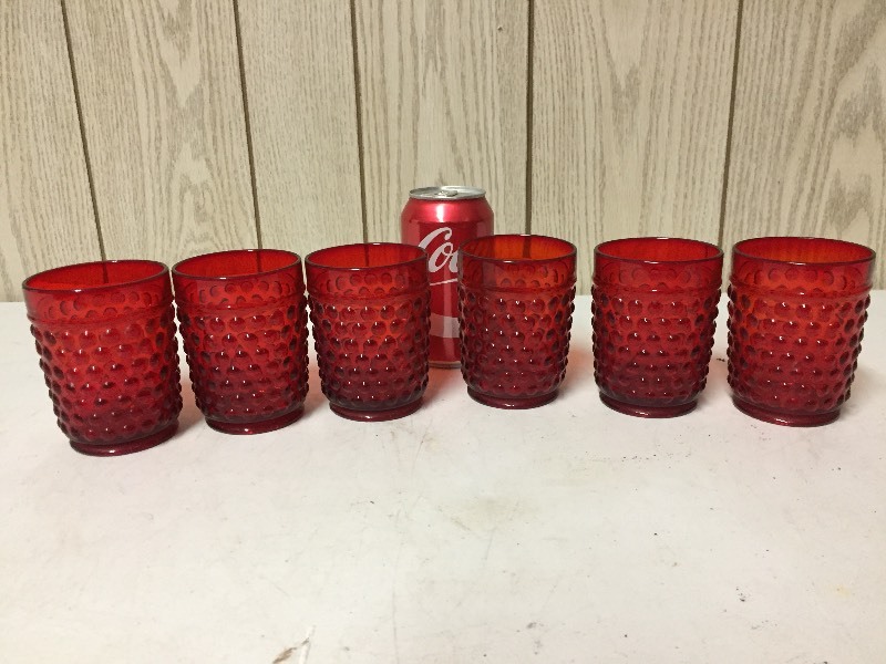 lot 108 image: 6 Ruby Red Hobnail Glasses