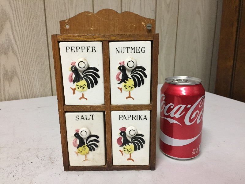 lot 107 image: Rooster Spice Shakers in Wooden Case