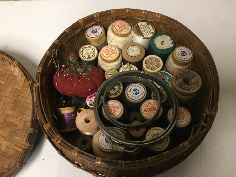 lot 120 image: Vintage Basket with Sewing Supplies