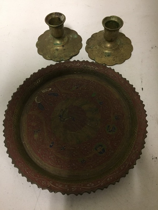 lot 134 image: Brass Peacock Plate & Candleholders