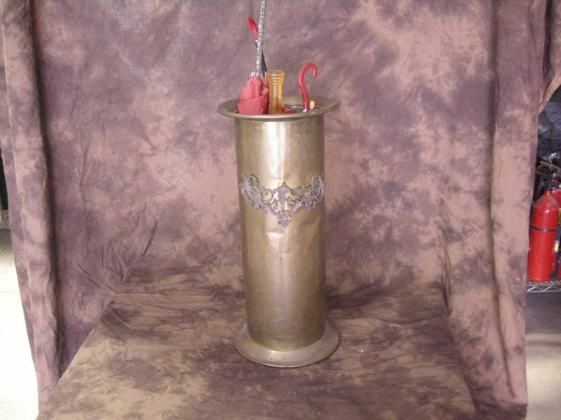 lot 7 image: Vintage Brass Umbrella Stand and Umbrellas