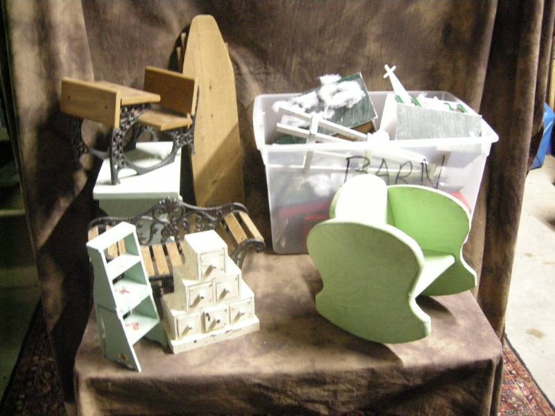lot 42 image: Vintage Doll Furniture, Stools, Barn Set