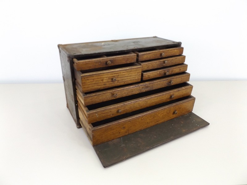 Antique Metal Machinists Tool Box with Wood Drawers