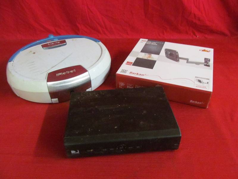 lot 66 image: TV wall mount, Direct TV receiver, Scoba IRobot vacuum