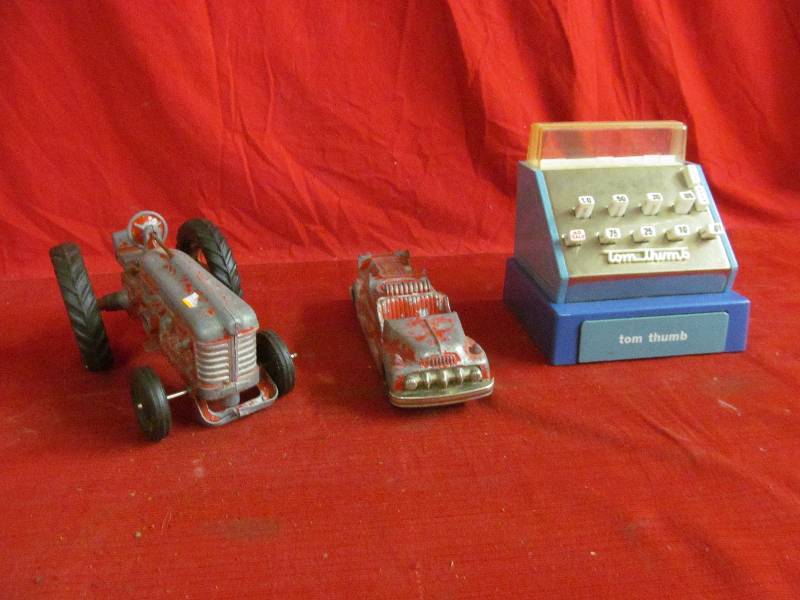 lot 235 image: Tom Thumb cash register , vintage tractor ,firetruck